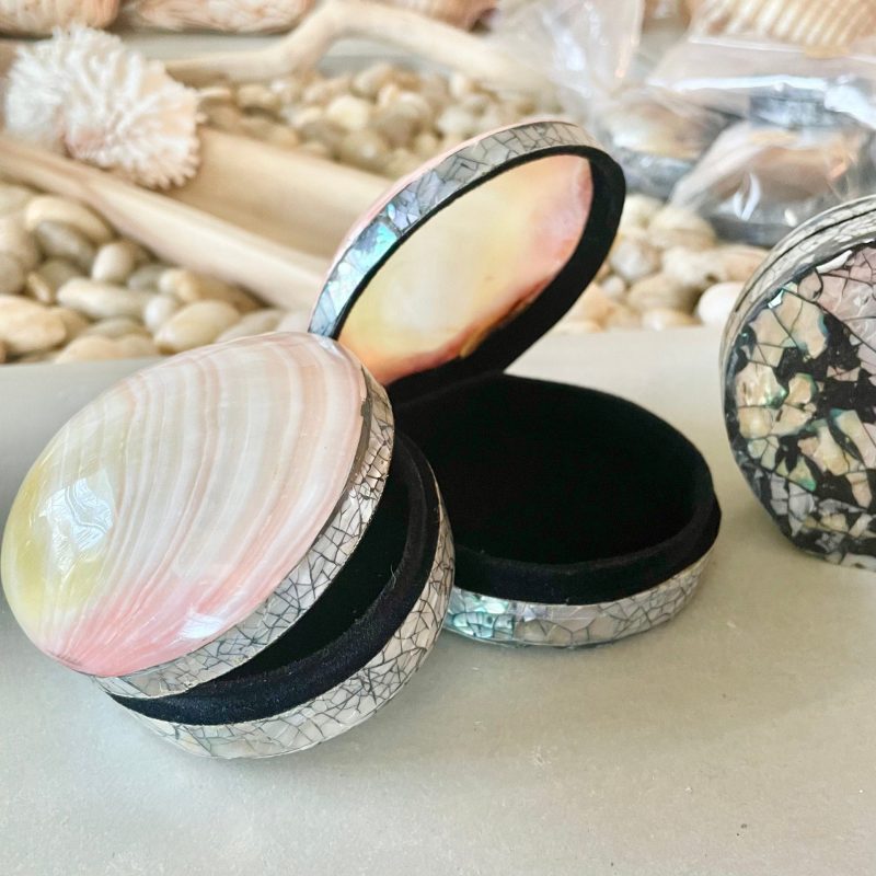 Handmade 4" Clam Shell Jewelry Gift Box Iridescent Yellow Pink Coastal Décor