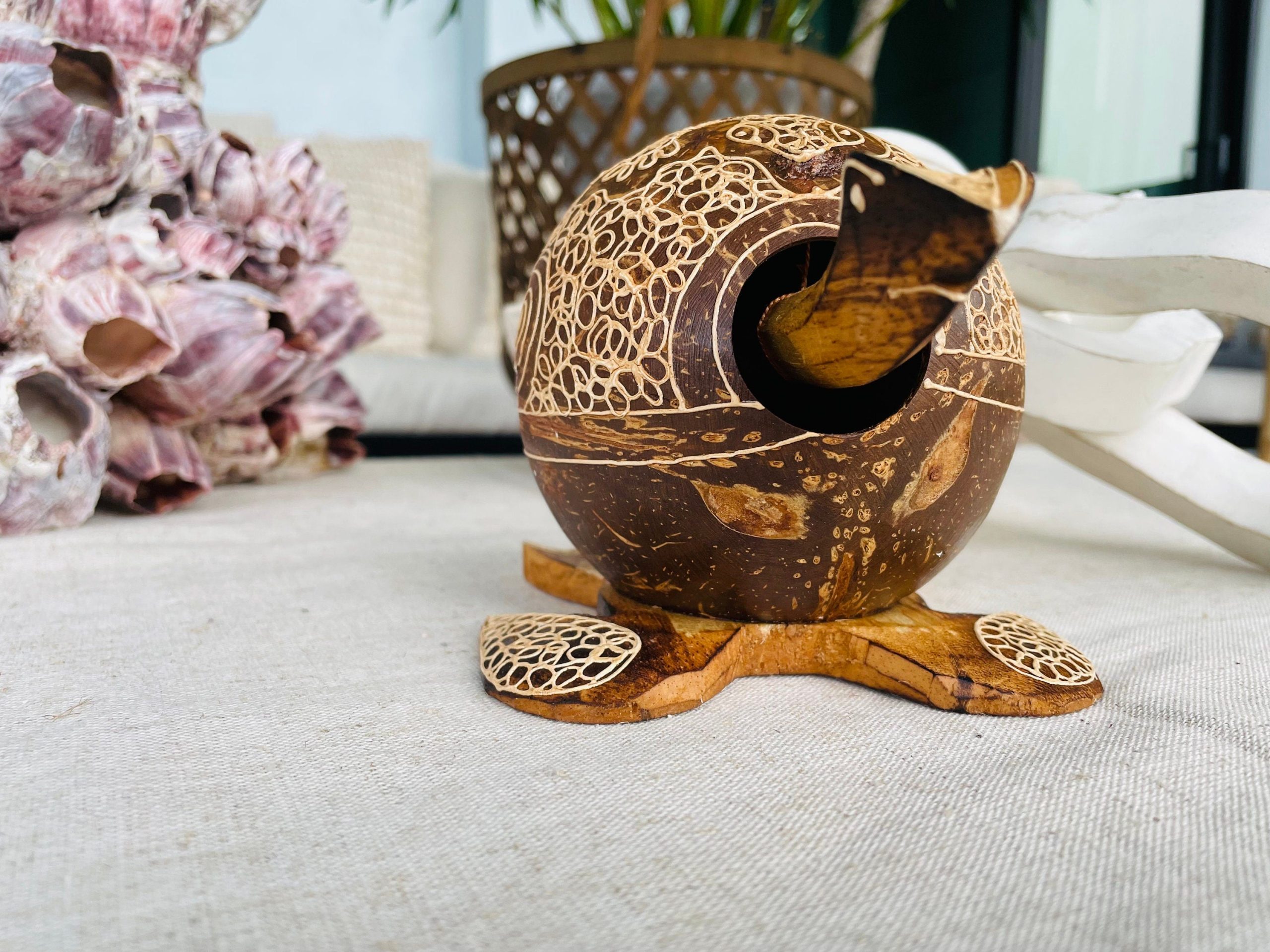 TURTLE LOVERS Handmade Carved Coconut Bobble Head Coastal Beach Gift - Image 3