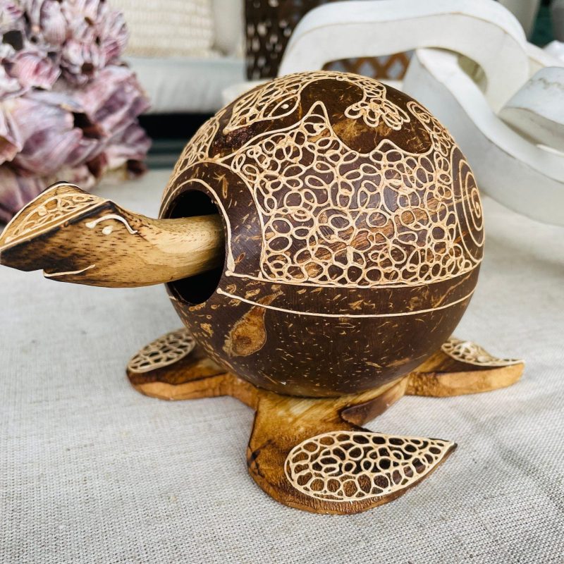 TURTLE LOVERS Handmade Carved Coconut  Bobble Head Coastal Beach Gift