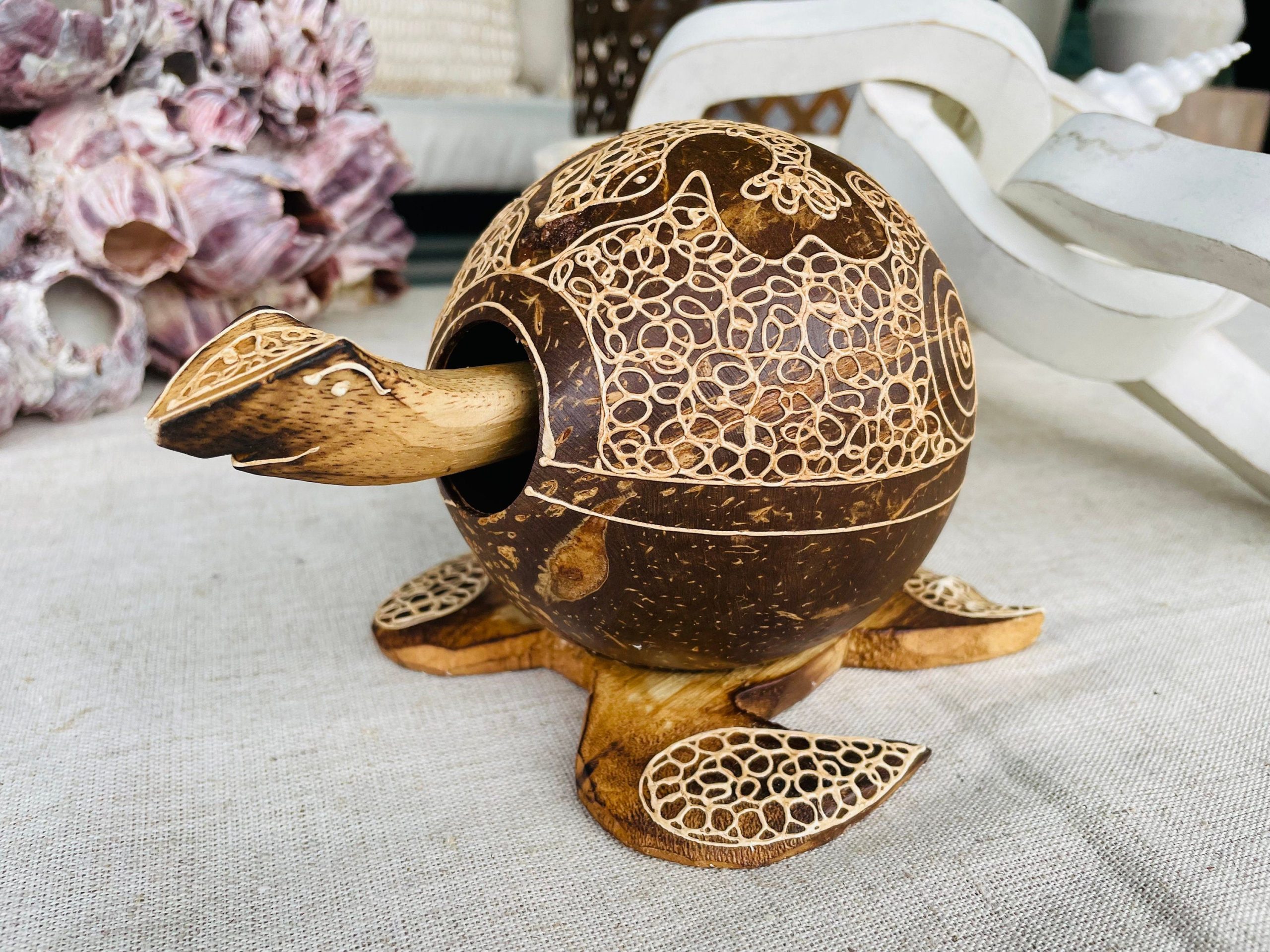 TURTLE LOVERS Handmade Carved Coconut Bobble Head Coastal Beach Gift