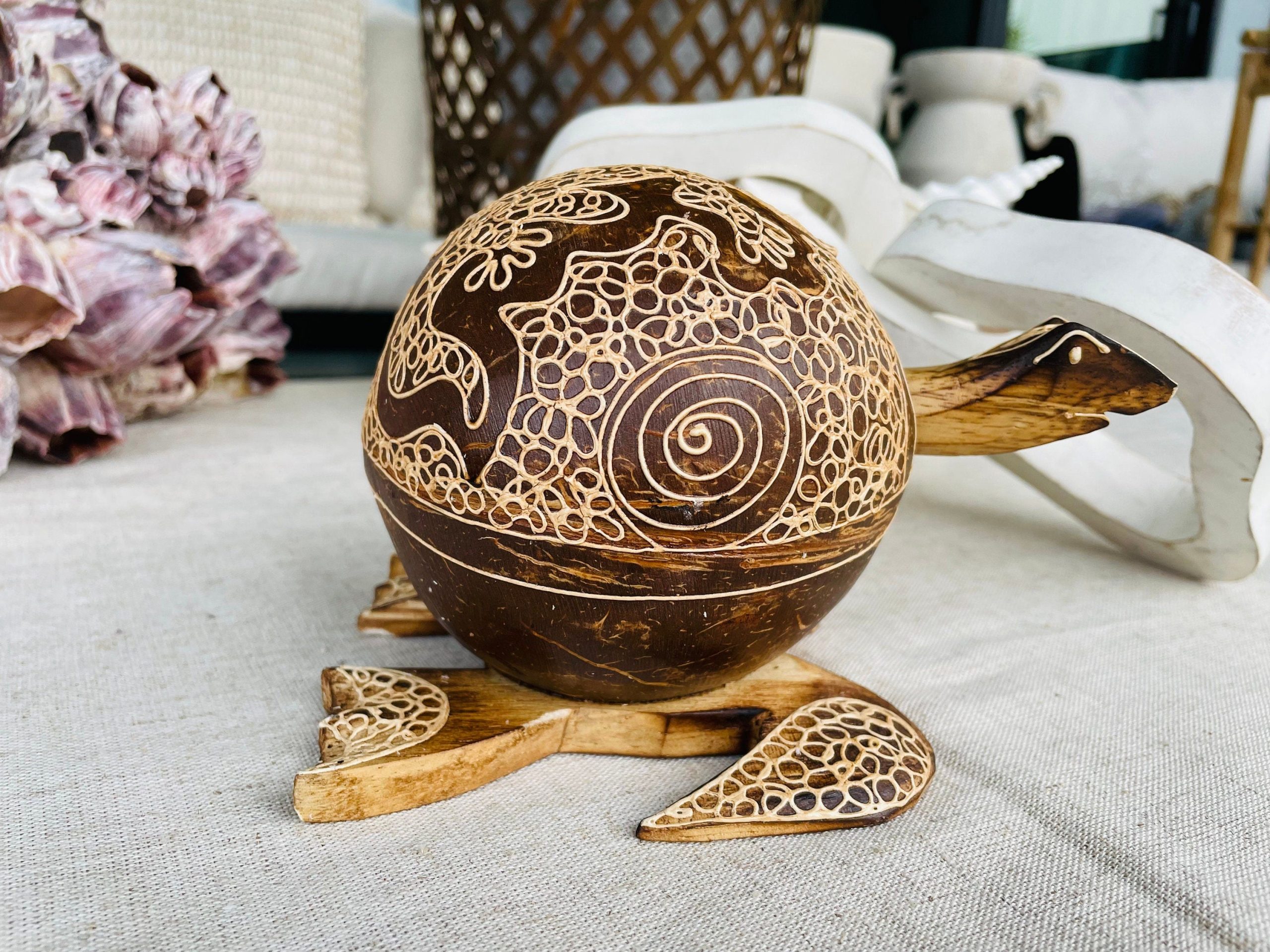 TURTLE LOVERS Handmade Carved Coconut Bobble Head Coastal Beach Gift - Image 6