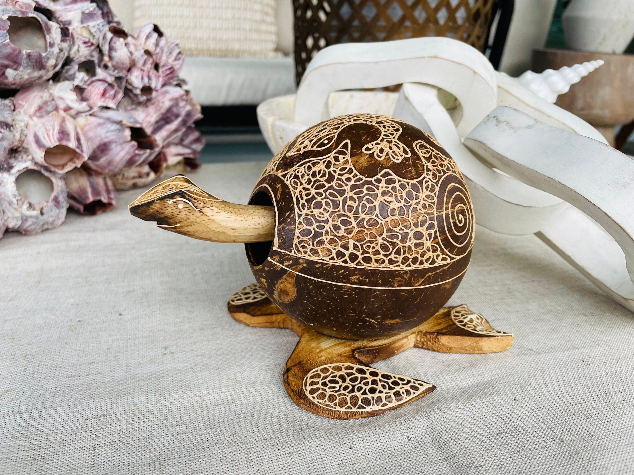 TURTLE LOVERS Handmade Carved Coconut Bobble Head Coastal Beach Gift - Image 9