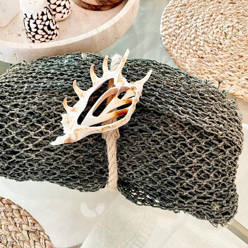 Recycled 4x9' Decorative Fish Net Green Grey Sliced Shell Coastal Beach Table Cloth Sustainable