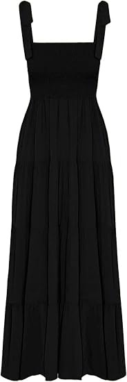 Women's Summer Casual Maxi Dress Spaghetti Strap Square Neck Boho Beach Long Sun Dresses - Black