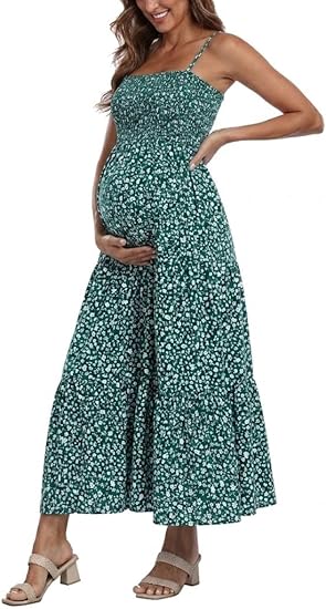 Summer Maxi Dress with Removed Strap, Stapless Bohemian Beach Long Photoshoot/Baby Shower Dresses - Green Floral
