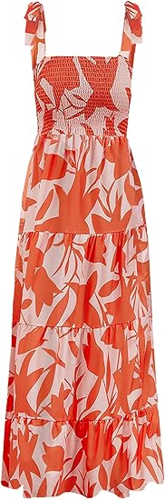Women's Summer Casual Maxi Dress Spaghetti Strap Square Neck Boho Beach Long Sun Dresses - W-orange