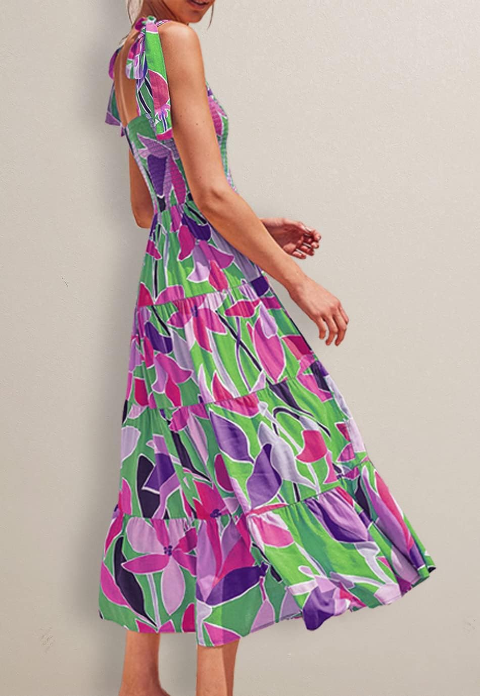 Women's Summer Casual Maxi Dress Spaghetti Strap Square Neck Boho Beach Long Sun Dresses - Purple Floral - Image 6