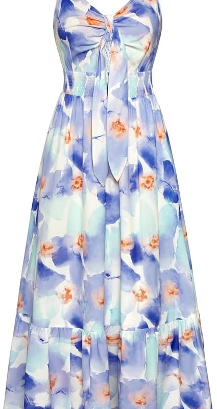 Womens Summer Floral Maxi Dresses 2026 Long Flowy Boho Dress Beach Vacation Sundresses Casual Clothes with Pocket - White Blue Flowers