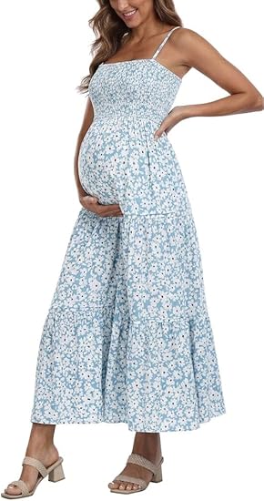 Summer Maxi Dress with Removed Strap, Stapless Bohemian Beach Long Photoshoot/Baby Shower Dresses - Blue White Floral