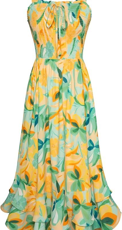 Women's 2026 Summer Floral Boho Dress Square Neck Strapped Swing A Line Sundress Beach Long Maxi Outfits - Green Yellow