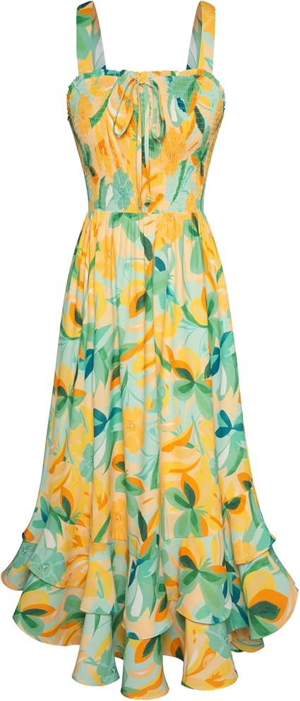 Women's 2026 Summer Floral Boho Dress Square Neck Strapped Swing A Line Sundress Beach Long Maxi Outfits - Green Yellow