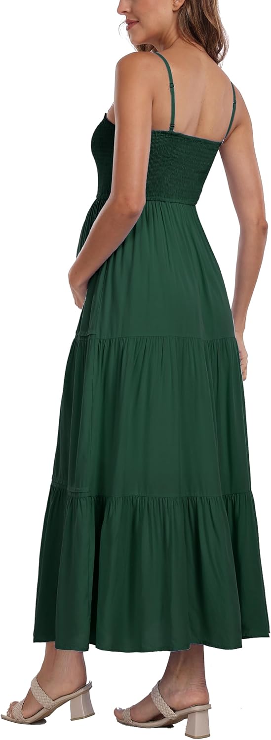 Summer Maxi Dress with Removed Strap, Stapless Bohemian Beach Long Photoshoot/Baby Shower Dresses - Dark Green - Image 6