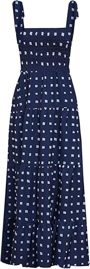 Women's Summer Casual Maxi Dress Spaghetti Strap Square Neck Boho Beach Long Sun Dresses - Dark Blue