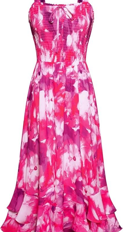 Women's 2026 Summer Floral Boho Dress Square Neck Strapped Swing A Line Sundress Beach Long Maxi Outfits - Rose Purple