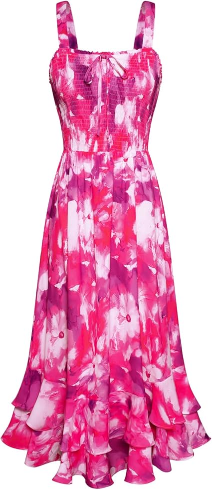 Women's 2026 Summer Floral Boho Dress Square Neck Strapped Swing A Line Sundress Beach Long Maxi Outfits - Rose Purple