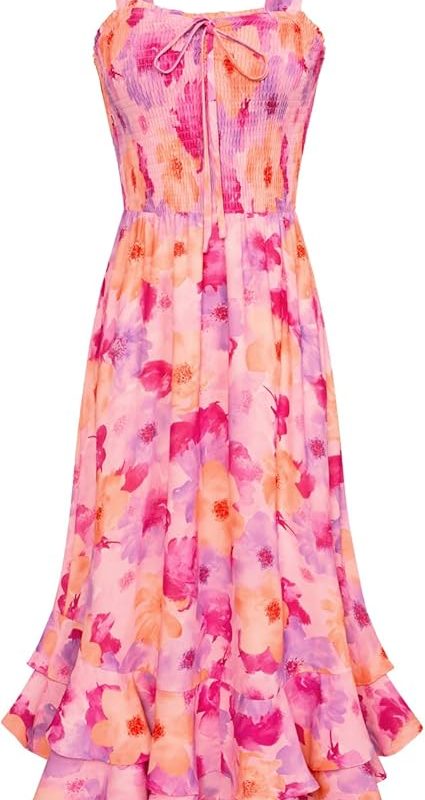 Women's 2026 Summer Floral Boho Dress Square Neck Strapped Swing A Line Sundress Beach Long Maxi Outfits - Pink Yellow