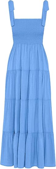 Women's Summer Casual Maxi Dress Spaghetti Strap Square Neck Boho Beach Long Sun Dresses - Blue Dot