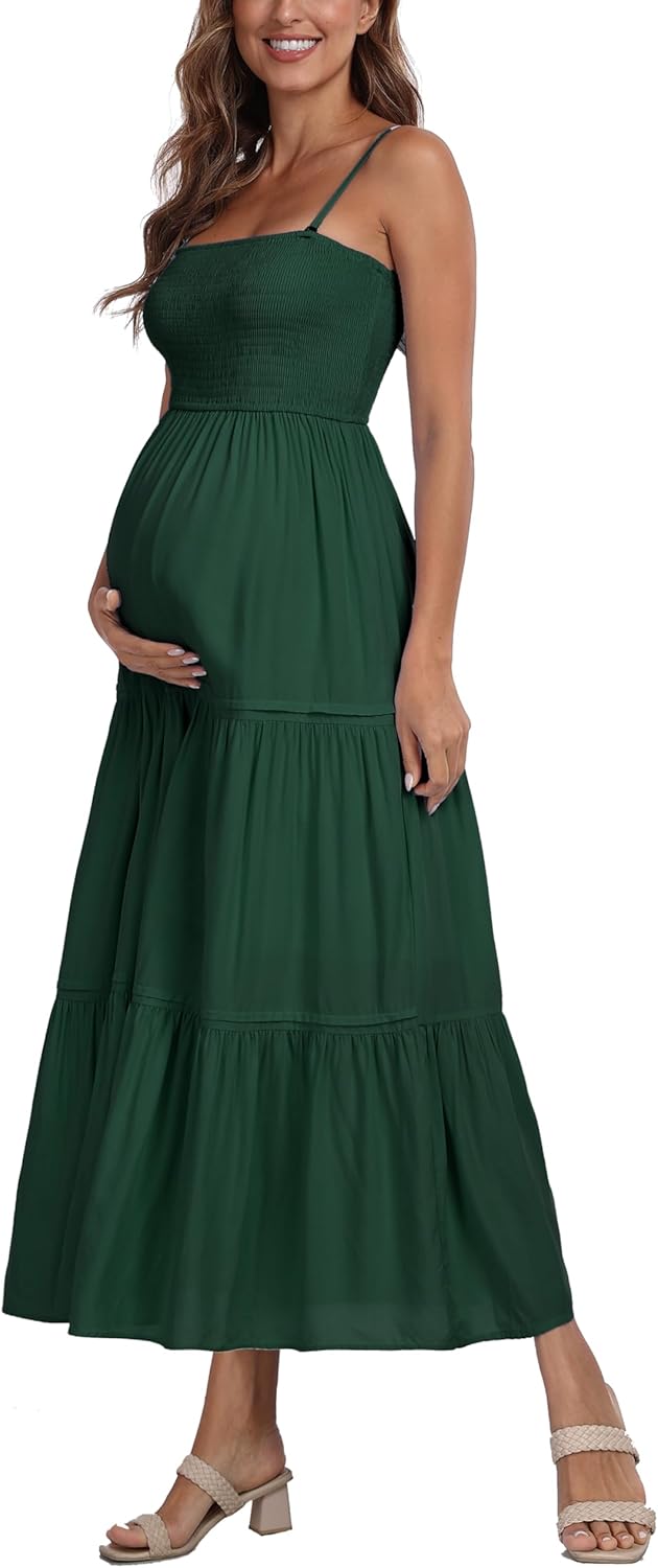 Summer Maxi Dress with Removed Strap, Stapless Bohemian Beach Long Photoshoot/Baby Shower Dresses - Dark Green - Image 4