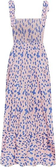 Women's Summer Casual Maxi Dress Spaghetti Strap Square Neck Boho Beach Long Sun Dresses - S-pink