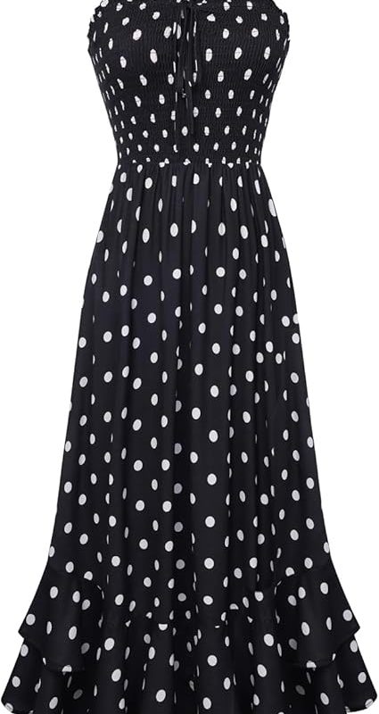 Women's 2026 Summer Floral Boho Dress Square Neck Strapped Swing A Line Sundress Beach Long Maxi Outfits - Black White Dots