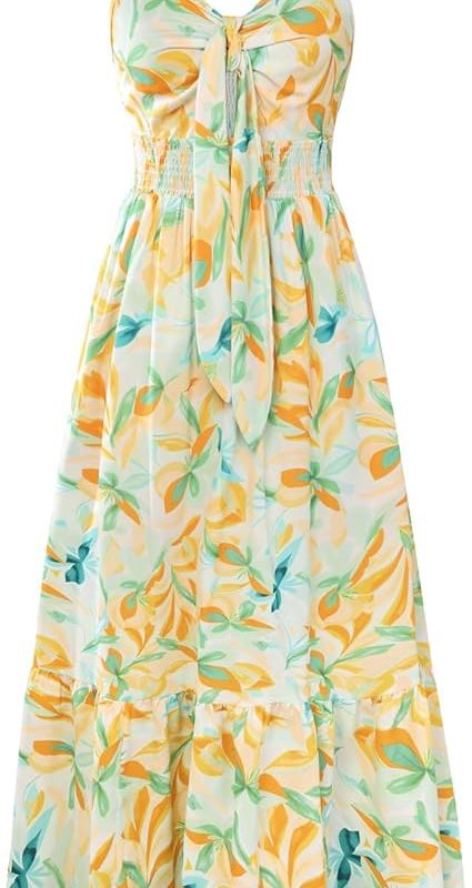 Womens Summer Floral Maxi Dresses 2026 Long Flowy Boho Dress Beach Vacation Sundresses Casual Clothes with Pocket - Green Yellow Flower