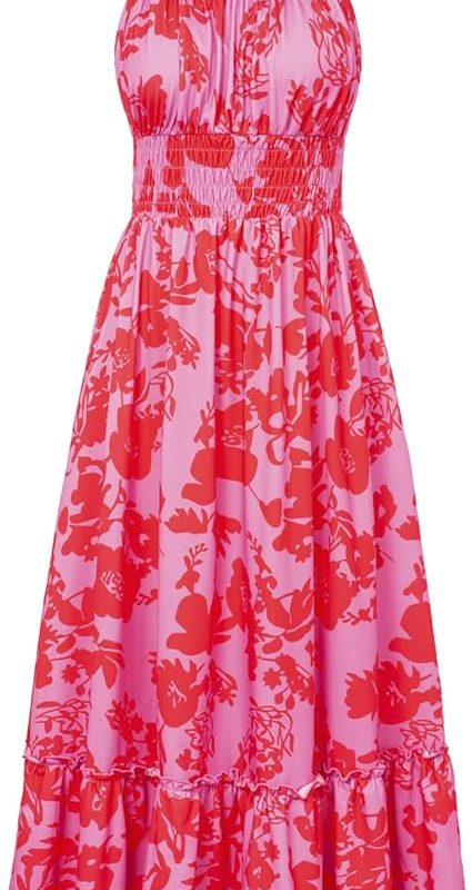 Summer Dresses for Women 2026 Vacation,Smocked Floral Maxi Dress,Boho Beach Sundress with Pocket Fashion Clothing - Purple Red Floral