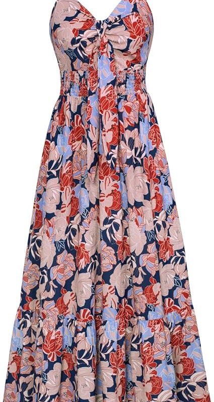 Womens Summer Floral Maxi Dresses 2026 Long Flowy Boho Dress Beach Vacation Sundresses Casual Clothes with Pocket - Red Yellow Floral