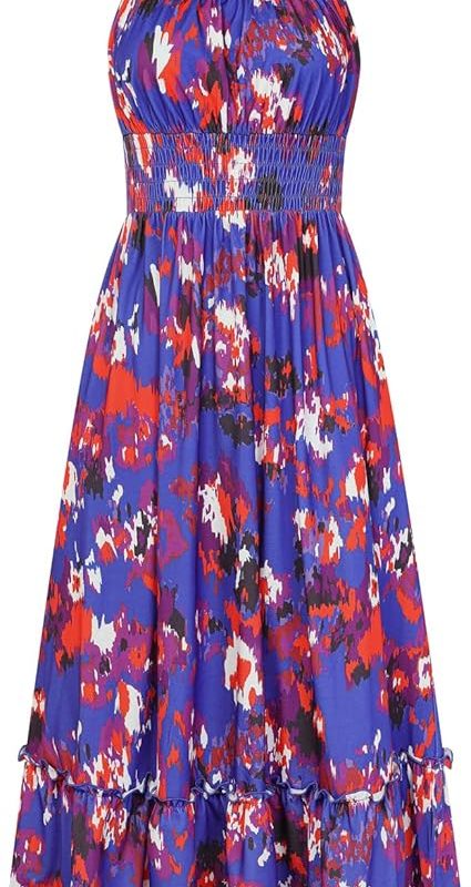 Summer Dresses for Women 2026 Vacation,Smocked Floral Maxi Dress,Boho Beach Sundress with Pocket Fashion Clothing - Blue Red