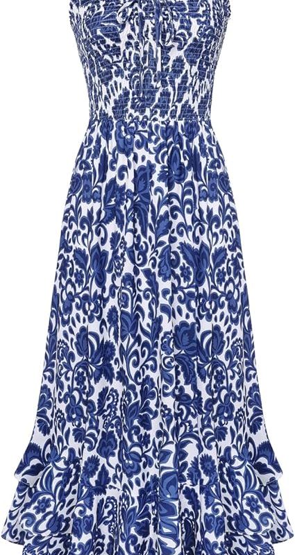 Women's 2026 Summer Floral Boho Dress Square Neck Strapped Swing A Line Sundress Beach Long Maxi Outfits - Dark Blue