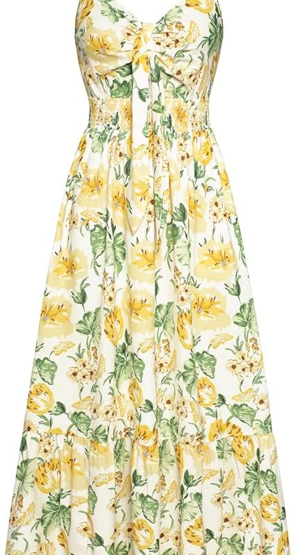 Womens Summer Floral Maxi Dresses 2026 Long Flowy Boho Dress Beach Vacation Sundresses Casual Clothes with Pocket - White Yellow Flowers