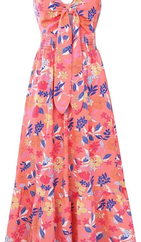 Womens Summer Floral Maxi Dresses 2026 Long Flowy Boho Dress Beach Vacation Sundresses Casual Clothes with Pocket - Pink Yellow Flower
