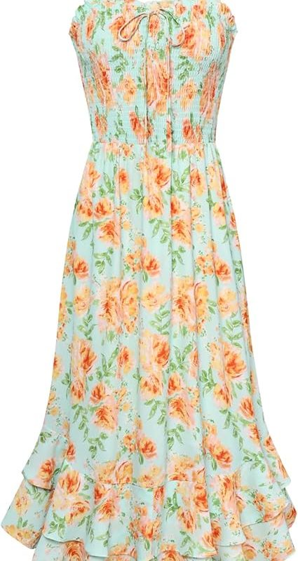 Women's 2026 Summer Floral Boho Dress Square Neck Strapped Swing A Line Sundress Beach Long Maxi Outfits - Yellow Floral