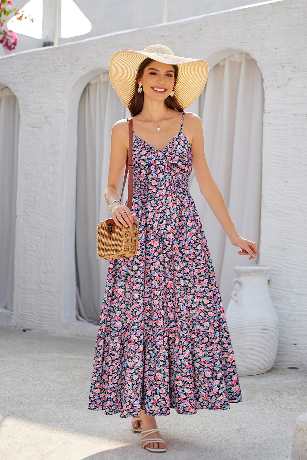 Womens Summer Floral Maxi Dresses 2026 Long Flowy Boho Dress Beach Vacation Sundresses Casual Clothes with Pocket - Purple Pink Floral - Image 3