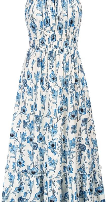 Summer Dresses for Women 2026 Vacation,Smocked Floral Maxi Dress,Boho Beach Sundress with Pocket Fashion Clothing - Blue Floral
