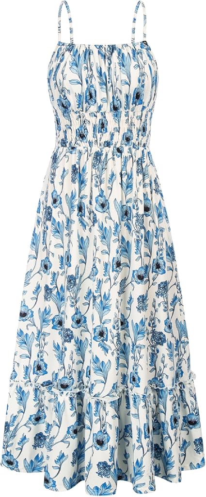 Summer Dresses for Women 2026 Vacation,Smocked Floral Maxi Dress,Boho Beach Sundress with Pocket Fashion Clothing - Blue Floral