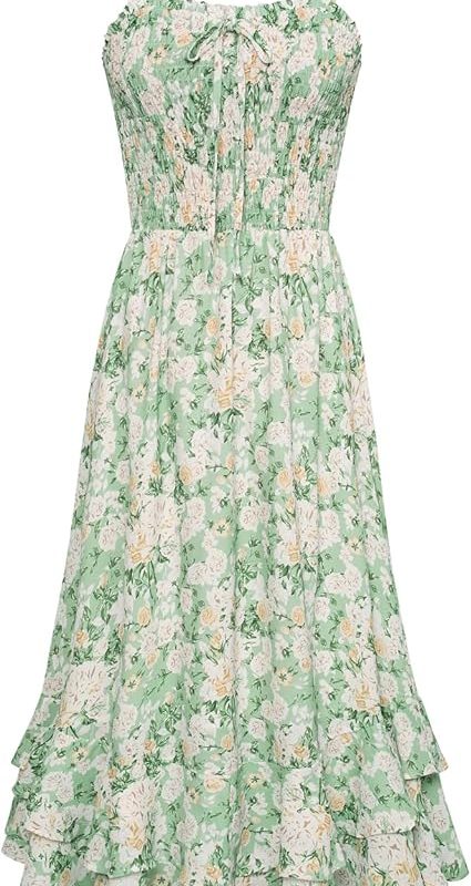 Women's 2026 Summer Floral Boho Dress Square Neck Strapped Swing A Line Sundress Beach Long Maxi Outfits - Green White