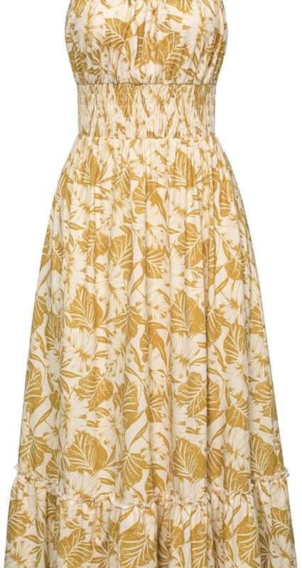 Summer Dresses for Women 2026 Vacation,Smocked Floral Maxi Dress,Boho Beach Sundress with Pocket Fashion Clothing - Yellow Leaves