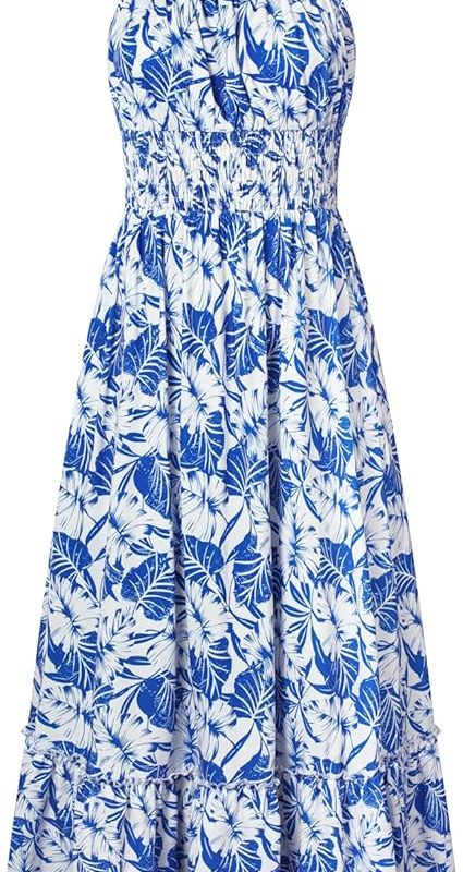 Summer Dresses for Women 2026 Vacation,Smocked Floral Maxi Dress,Boho Beach Sundress with Pocket Fashion Clothing - Blue Leaves