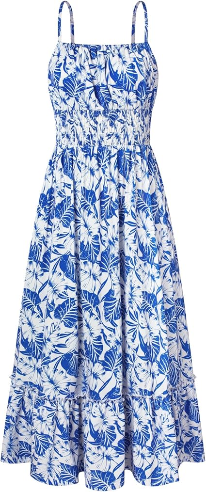Summer Dresses for Women 2026 Vacation,Smocked Floral Maxi Dress,Boho Beach Sundress with Pocket Fashion Clothing - Blue Leaves