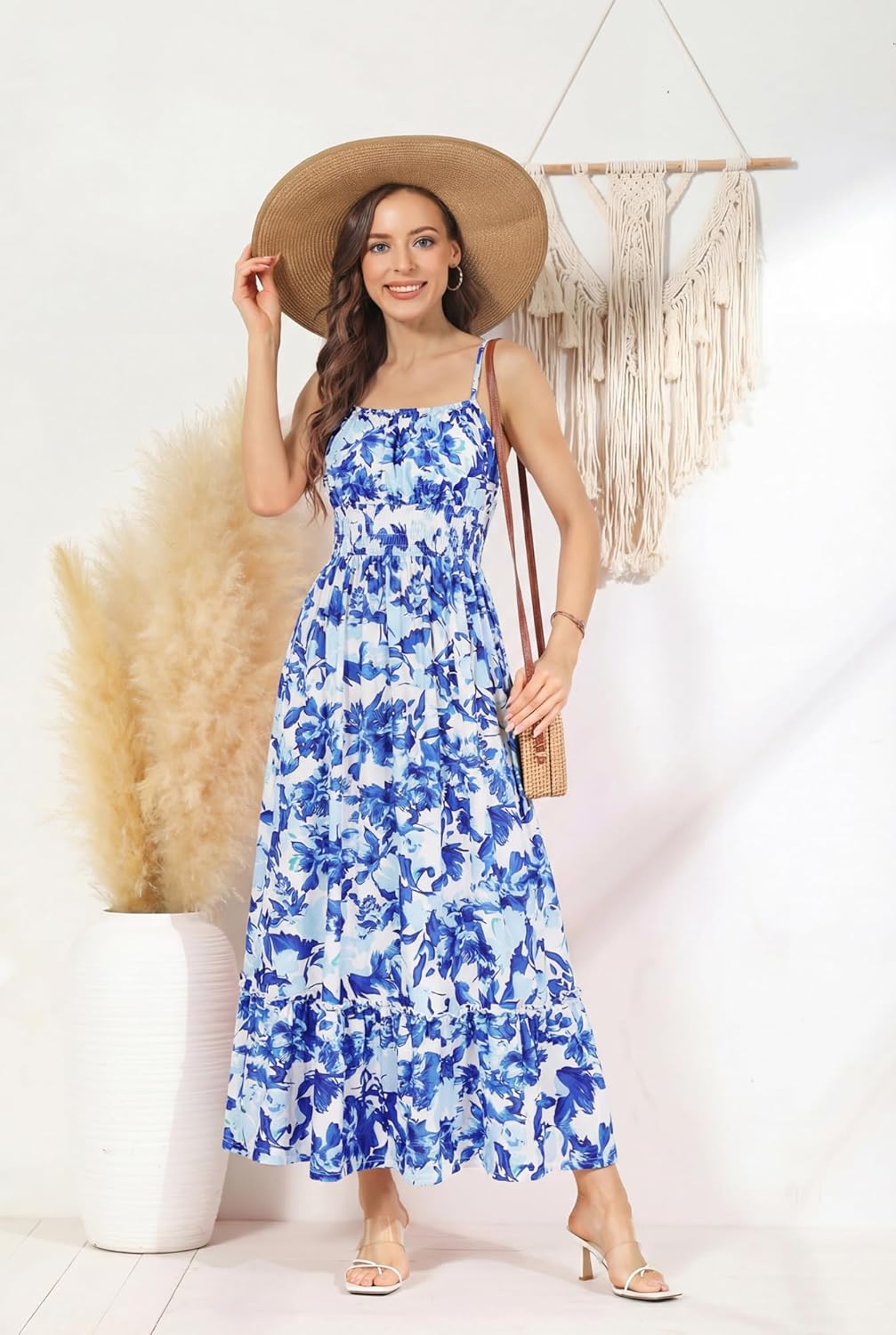 Summer Dresses for Women 2026 Vacation,Smocked Floral Maxi Dress,Boho Beach Sundress with Pocket Fashion Clothing - Blue - Image 3