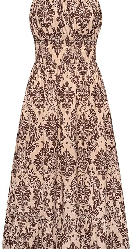 Summer Dresses for Women 2026 Vacation,Smocked Floral Maxi Dress,Boho Beach Sundress with Pocket Fashion Clothing - Brown Floral