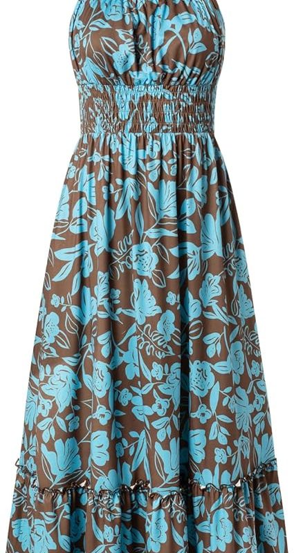 Summer Dresses for Women 2026 Vacation,Smocked Floral Maxi Dress,Boho Beach Sundress with Pocket Fashion Clothing - Brown Blue