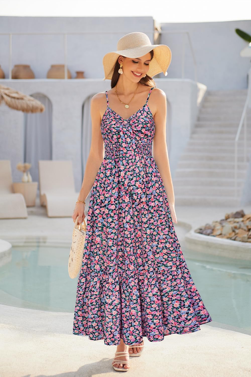 Womens Summer Floral Maxi Dresses 2026 Long Flowy Boho Dress Beach Vacation Sundresses Casual Clothes with Pocket - Purple Pink Floral - Image 4