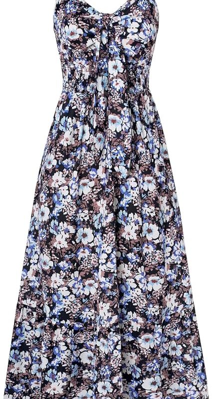 Womens Summer Floral Maxi Dresses 2026 Long Flowy Boho Dress Beach Vacation Sundresses Casual Clothes with Pocket - Black Blue Floral