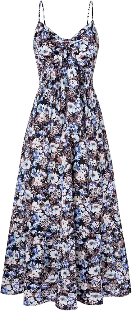 Womens Summer Floral Maxi Dresses 2026 Long Flowy Boho Dress Beach Vacation Sundresses Casual Clothes with Pocket - Black Blue Floral