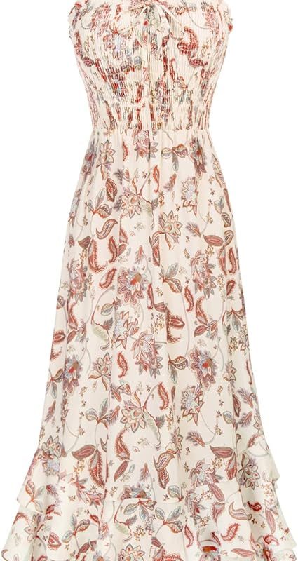Women's 2026 Summer Floral Boho Dress Square Neck Strapped Swing A Line Sundress Beach Long Maxi Outfits - Beige