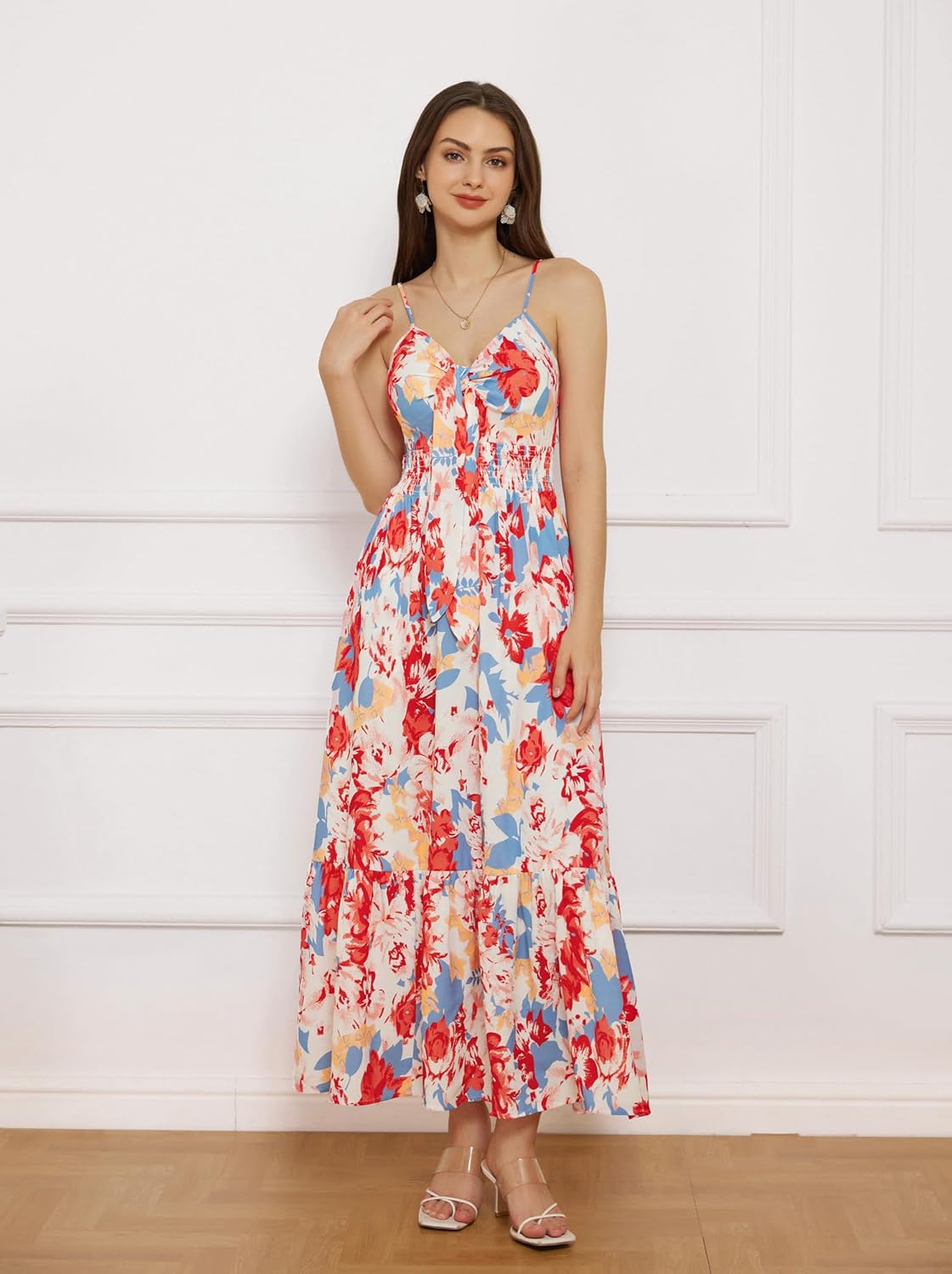 Womens Summer Floral Maxi Dresses 2026 Long Flowy Boho Dress Beach Vacation Sundresses Casual Clothes with Pocket - Blue Red Floral - Image 2
