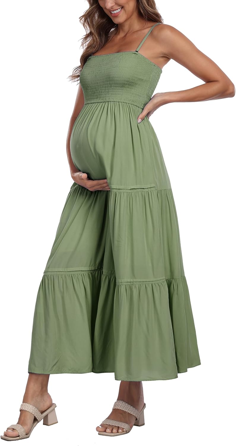 Summer Maxi Dress with Removed Strap, Stapless Bohemian Beach Long Photoshoot/Baby Shower Dresses - Green - Image 2