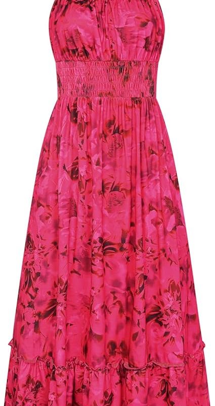 Summer Dresses for Women 2026 Vacation,Smocked Floral Maxi Dress,Boho Beach Sundress with Pocket Fashion Clothing - Rose Red