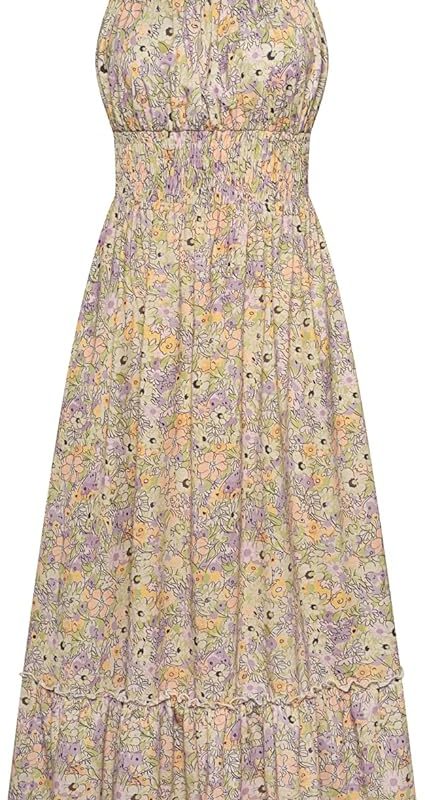 Summer Dresses for Women 2026 Vacation,Smocked Floral Maxi Dress,Boho Beach Sundress with Pocket Fashion Clothing - Purple Green Floral